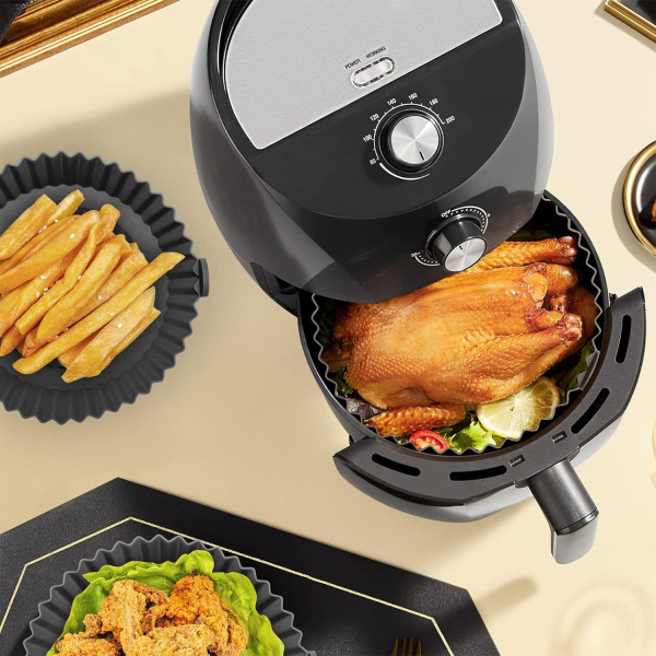 Silikonform für Heißluftfritteuse in Grillpfannen-Design mit Griffen - Ø 20 cm Airfryer Einsatz rund BPA-frei, antihaft spülmaschinenfest, hitzebeständig bis 230 °C - Air Fryer Zubehör schwarz